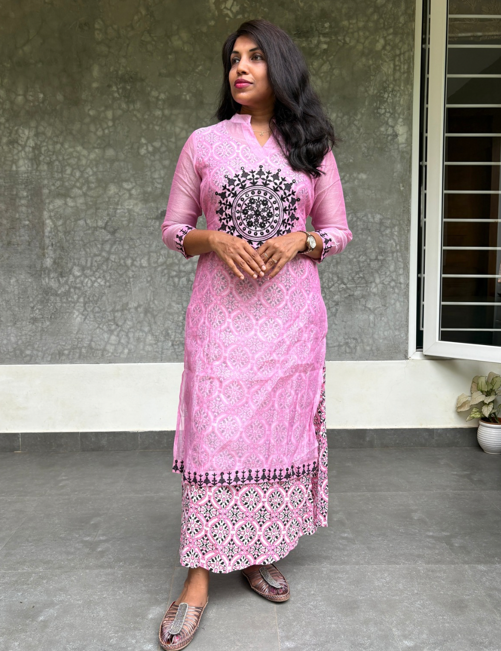 Chanderi Silk Designer Maxi Dress - Pink