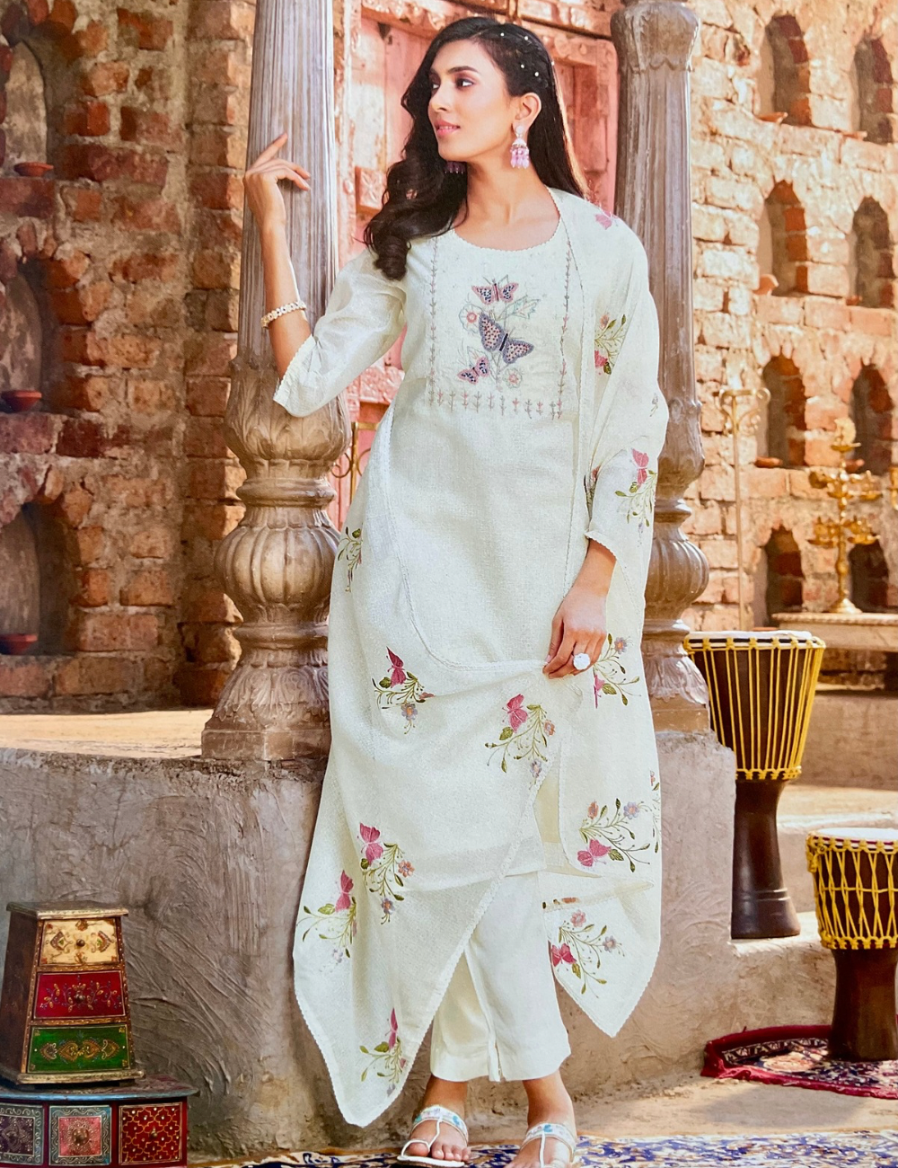 Kota Cotton Unstitched Salwar with Butterfly Pearl Work - White