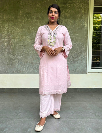 Chikankari Cotton Straight Cut Kurta Set with Mirror Work - Baby Pink