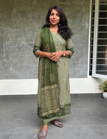 Angrakha Pattern Ethnic Printed Cotton Designer Kurta Set - Green