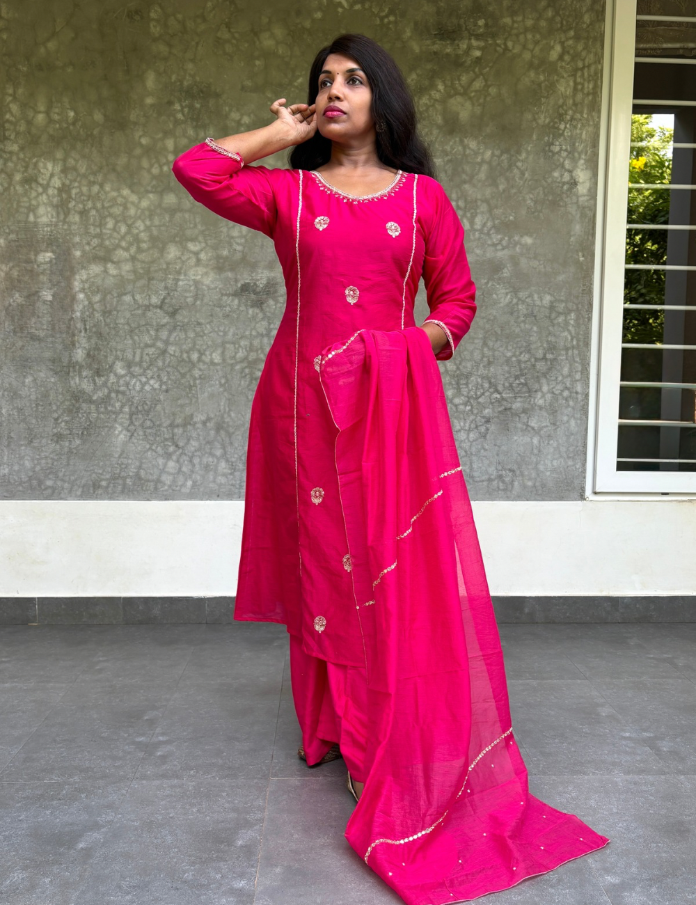 Mul Chanderi Aline Embellished Designer Kurta Set - Rani Pink