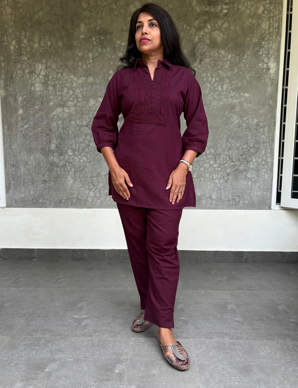 Stylish Cotton Co-Ord Set - Burgundy