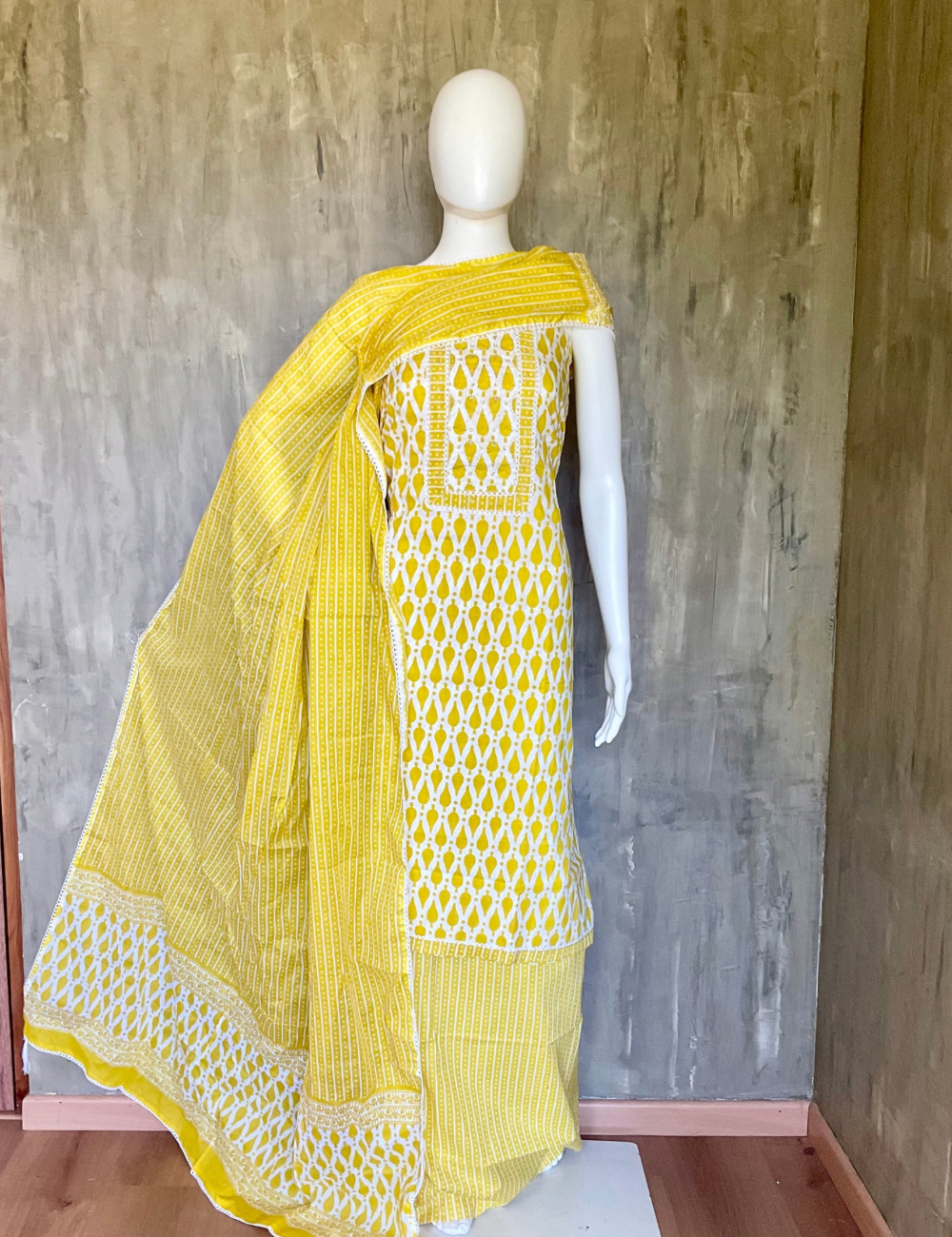 Hand Block Printed Cotton Unstitched Salwar - Yellow