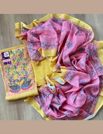 Chanderi Silk Designer Unstitched Salwar with Duck Embroidery Work - Yellow