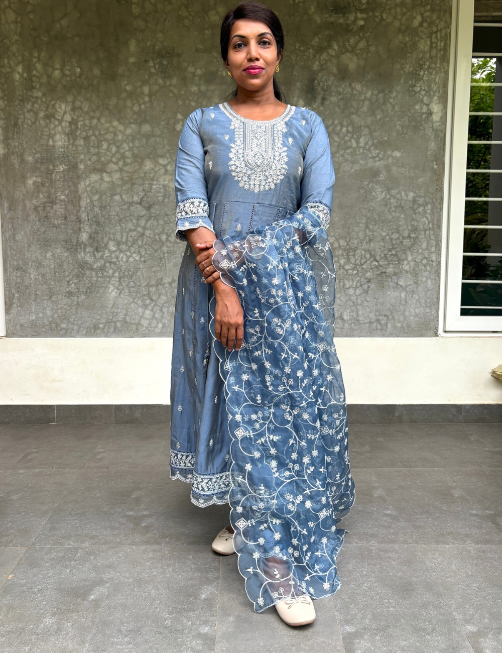 Shimmer Silk Designer Embellished Kurta Set with Organza Dupatta Denim  Blue