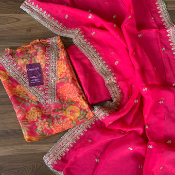 Soft Organza Floral Printed Designer Semi Stitched Salwar - Pink
