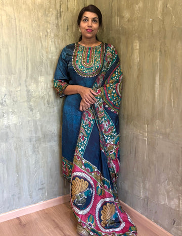 Gajji Silk Designer Kurta Set with Kalamkari Printed Organza Dupatta - Dark Blue