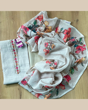 Linen Cotton Floral Painted Designer Unstitched Salwar - Beige