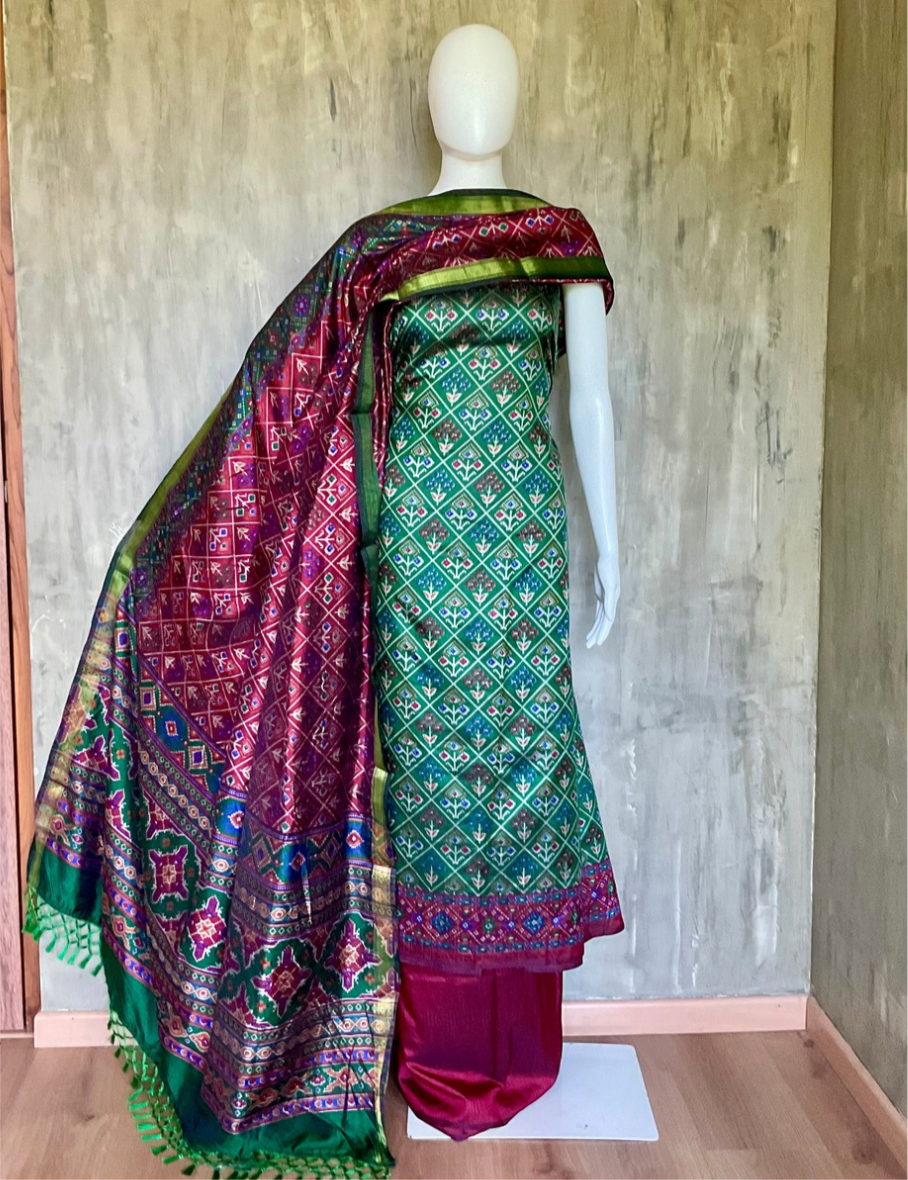 Soft Patola Silk Unstitched Salwar - Green