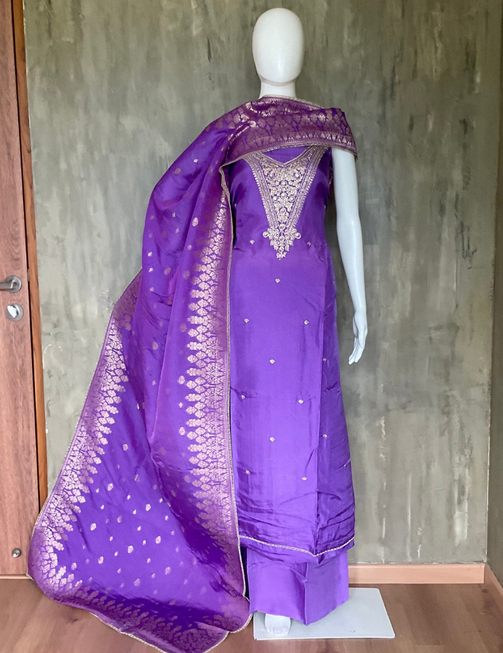 Slub Silk Traditional Embellished Unstitched Salwar with Banaras Dupatta - Purple