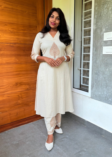 Soft Cotton Aline Co-Ord Set with Leafy Print - Cream