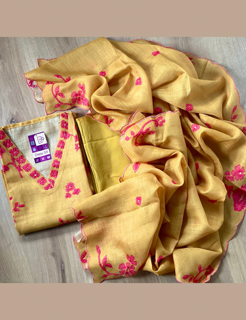 Linen Cotton French Knotted Unstitched Salwar - Mustard
