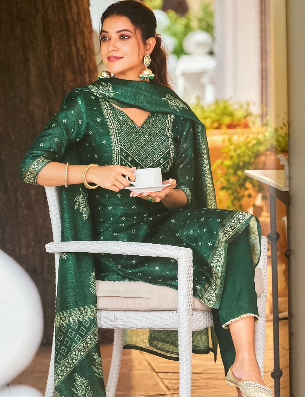 Jute Silk Designer Unstitched Salwar with Ethnic Prints - Bottle Green