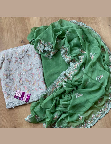 Muslin Silk Embellished Designer Unstitched Salwar - Beige with Green Combo