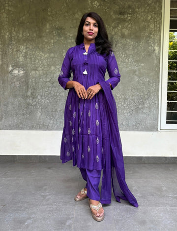 Soft Silk French Knotted Designer Aline Kurta Set - Dark Purple