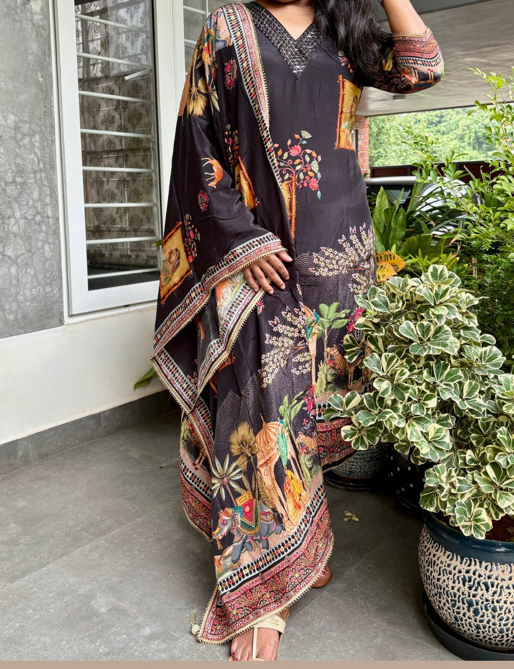 Muslin Silk Ethnic Printed Designer Kurta Set with Mirror Work - Black