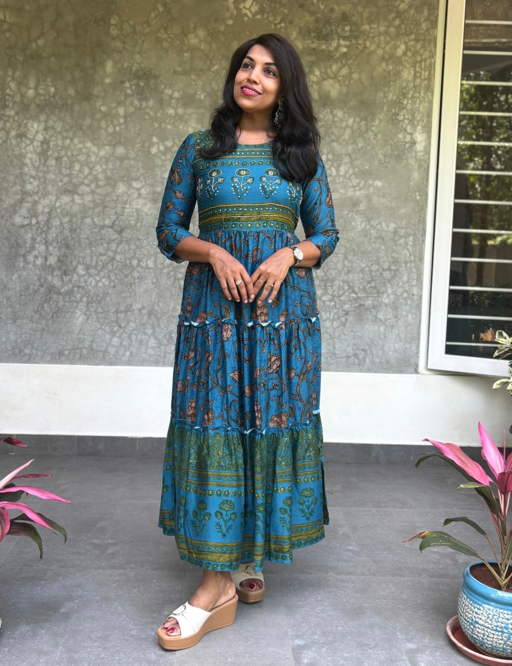 kalamkari maxi dress Kalamkari Printed Designer Rayon Cotton Layered Maxi Dress