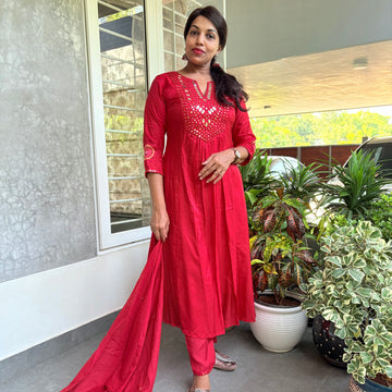 Mirror Work Mul Chanderi Kurta set - Red