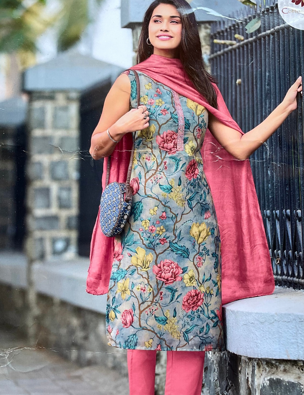 Muslin Silk Floral Printed Unstitched Salwar - Grey