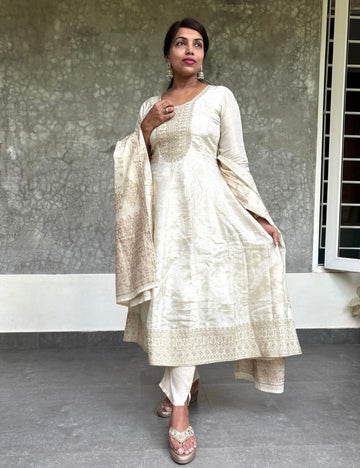 Traditional Embossed Brocade Anarkali Kurta Set - Off White