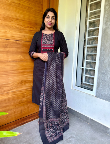 Kalamkari Patch Worked Cotton Kurta Set with Ajrakh Dupatta - Black