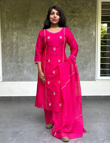 Mul Chanderi Aline Embellished Designer Kurta Set - Rani Pink