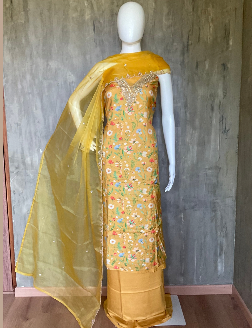 Muslin Silk Floral Printed Designer Unstitched Salwar - Mustard