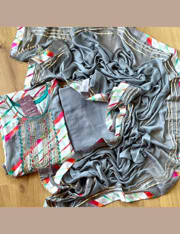 Muslin Silk Pearl Worked Designer Unstitched Salwar - Grey