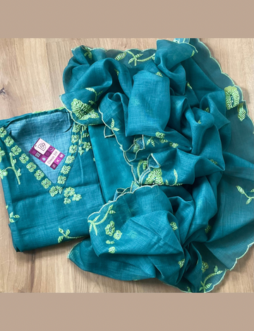 Linen Cotton French Knotted Unstitched Salwar - Rama Green