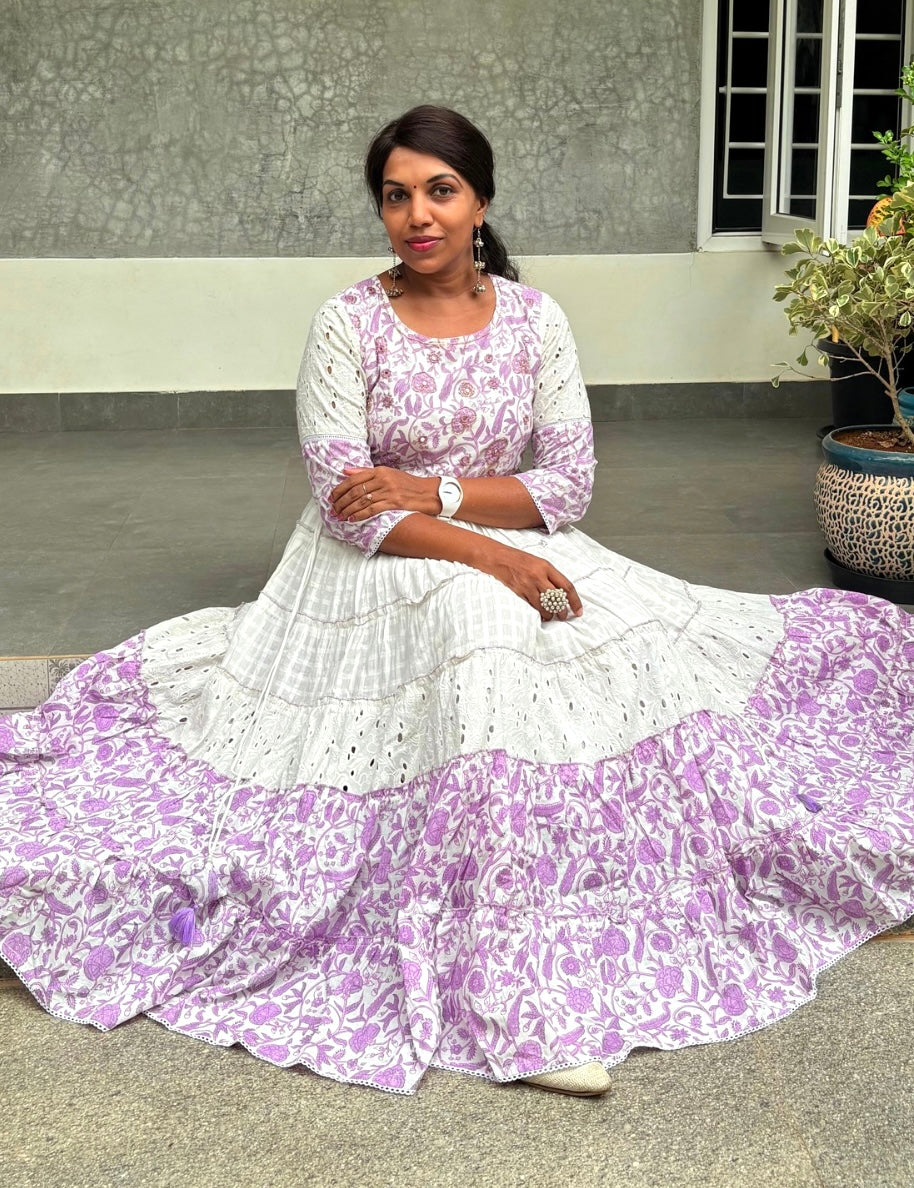 Cotton Layered Designer Midi Style Maxi Dress - White