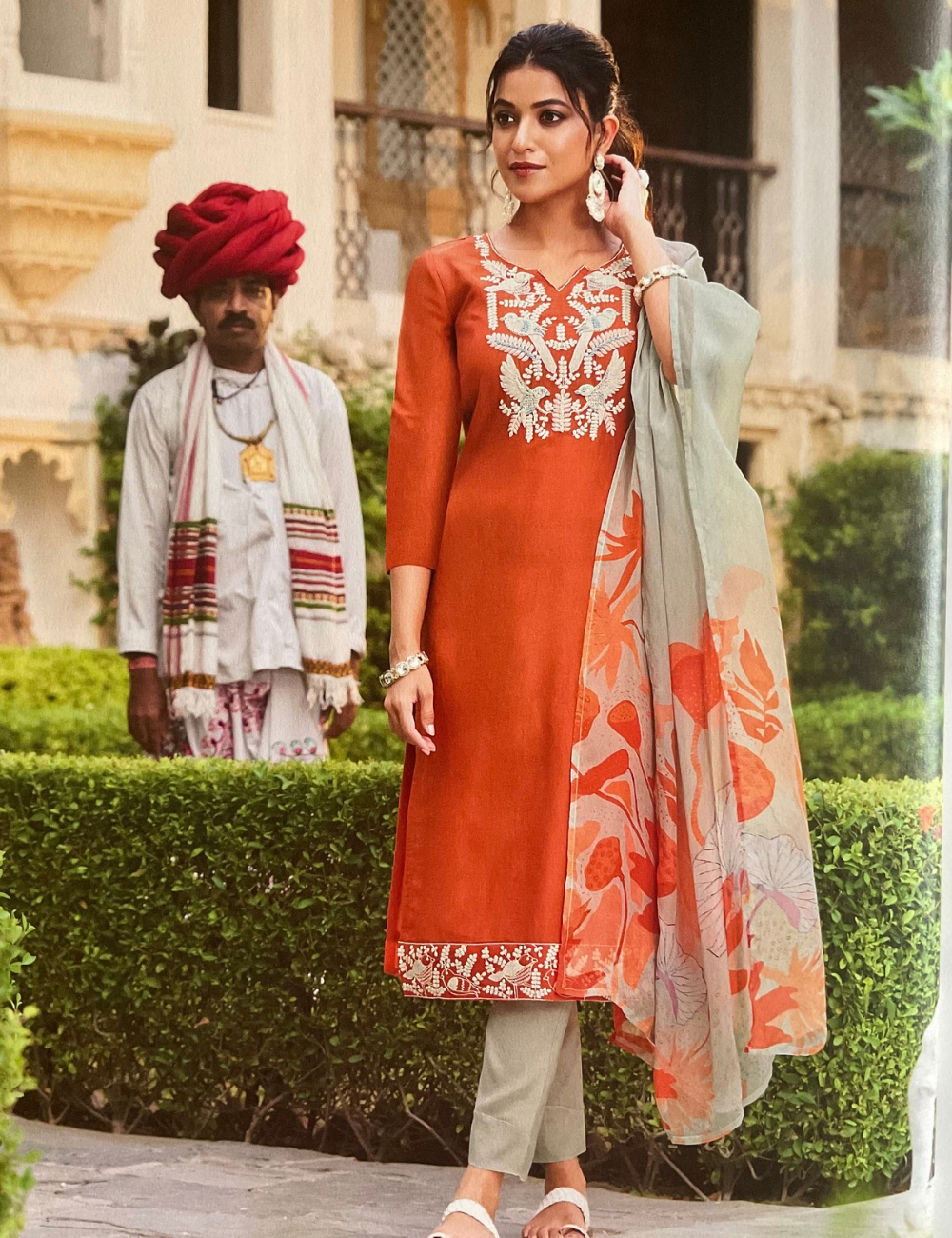 Muslin Silk Pearl Work Designer Unstitched Salwar with Organza Dupatta - Rust Orange