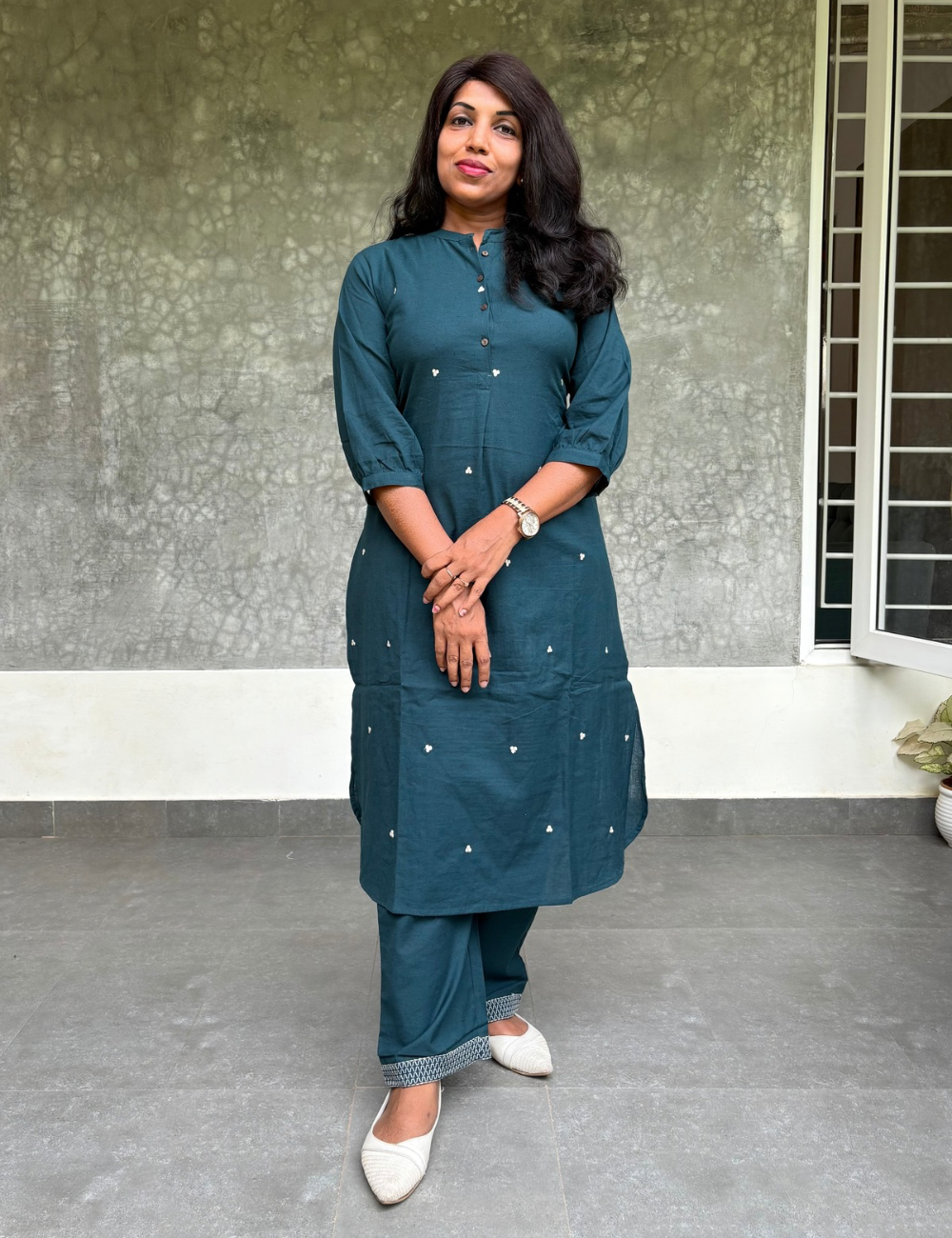 Aline Cotton Kurta Set with Loose Pants - Teal Blue