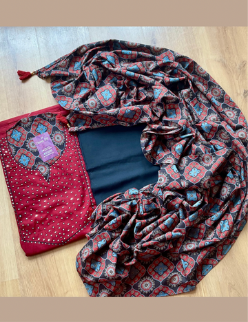 Cotton Mirror Worked Unstitched Salwar with Kalamkari Cotton Dupatta - Maroon