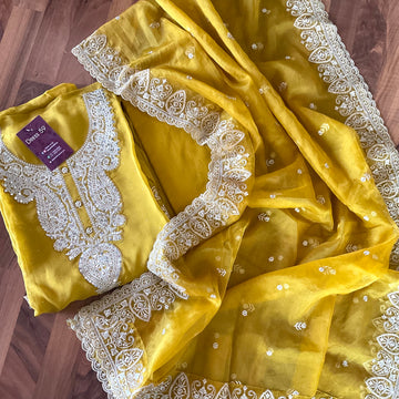Organza Embellished Designer Unstitched Salwar - Mustard