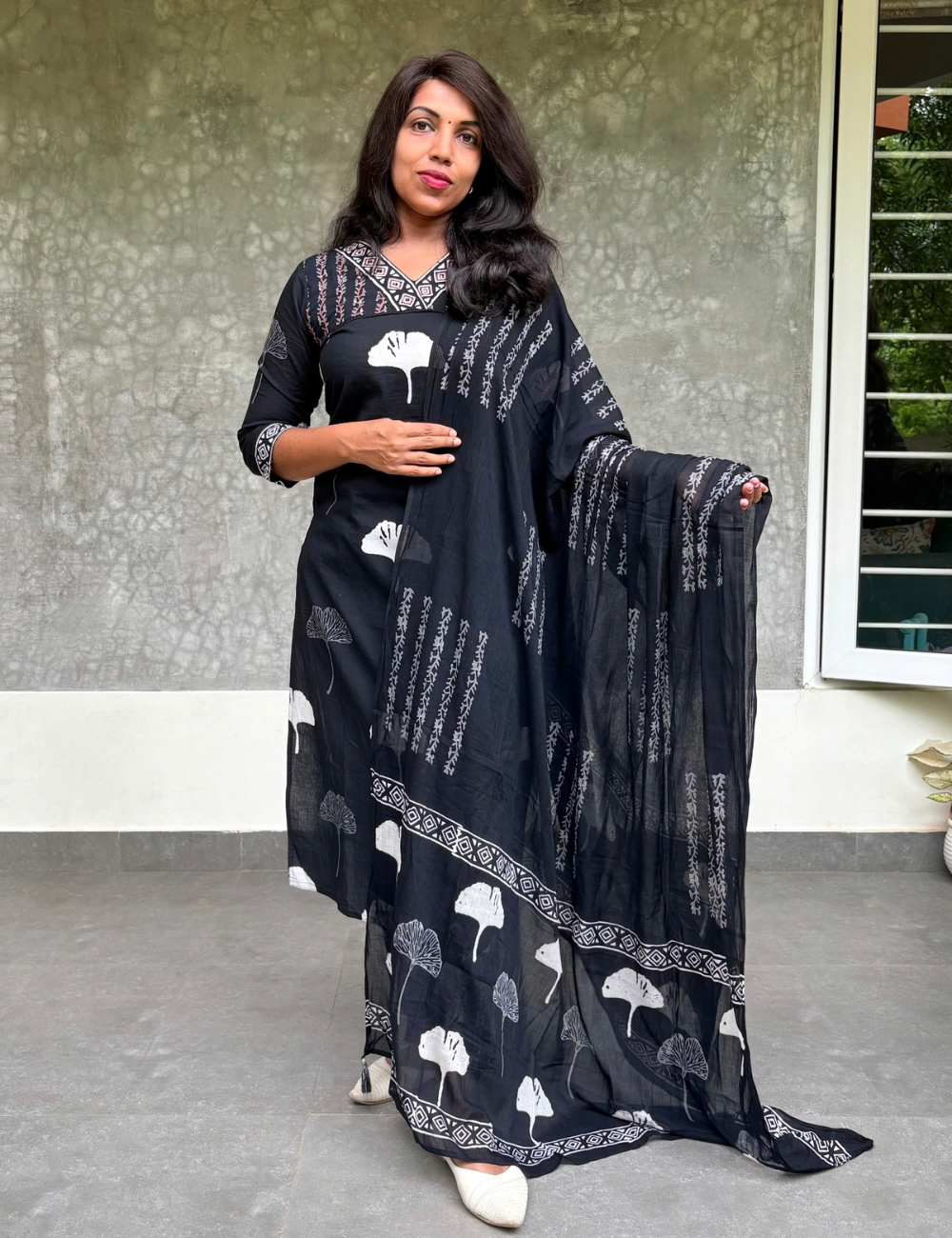 Soft Cotton Floral Printed Kurta Set - Black