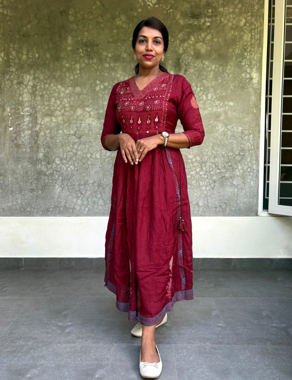 Muslin Silk Hand Block Printed Designer Midi Style Dress - Maroon