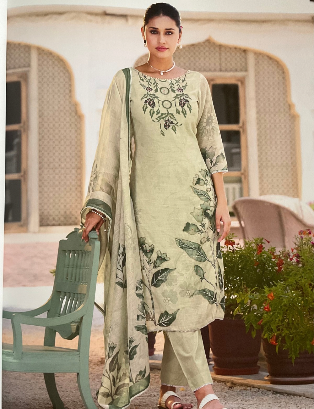 Linen Cotton Floral Pearl Worked Designer Unstitched Salwar - Pastel Green