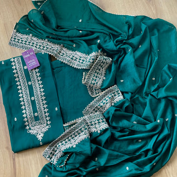 Muslin Silk Designer Semi Stitched Salwar - Emerald green