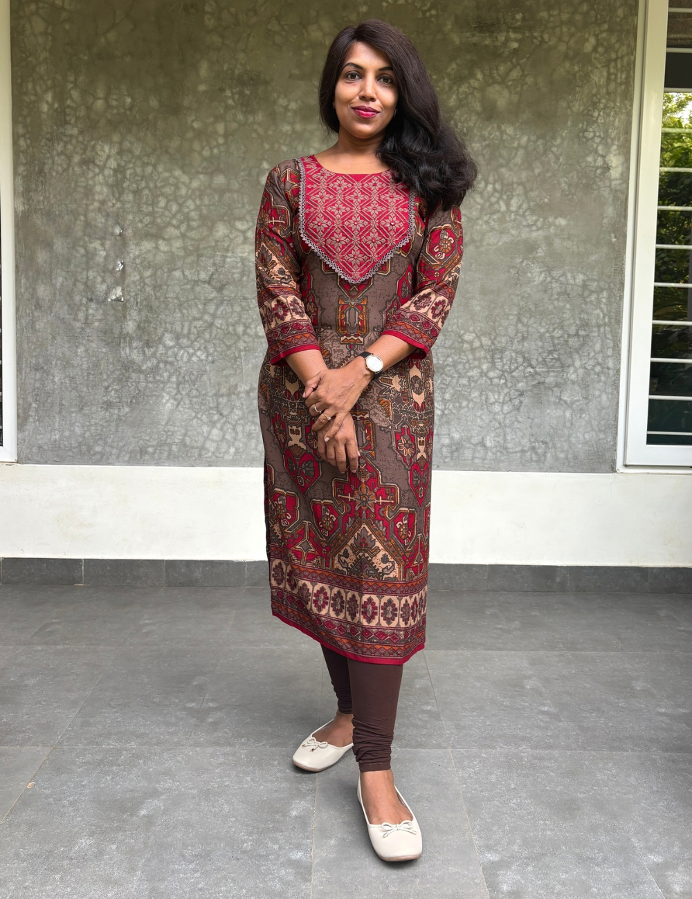 Muslin Silk Ethnic Printed Straight Cut Kurta - Maroon