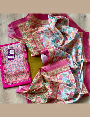 Silk Cotton Traditional Unstitched Salwar with Tissue Silk Patch Work - Rani Pink