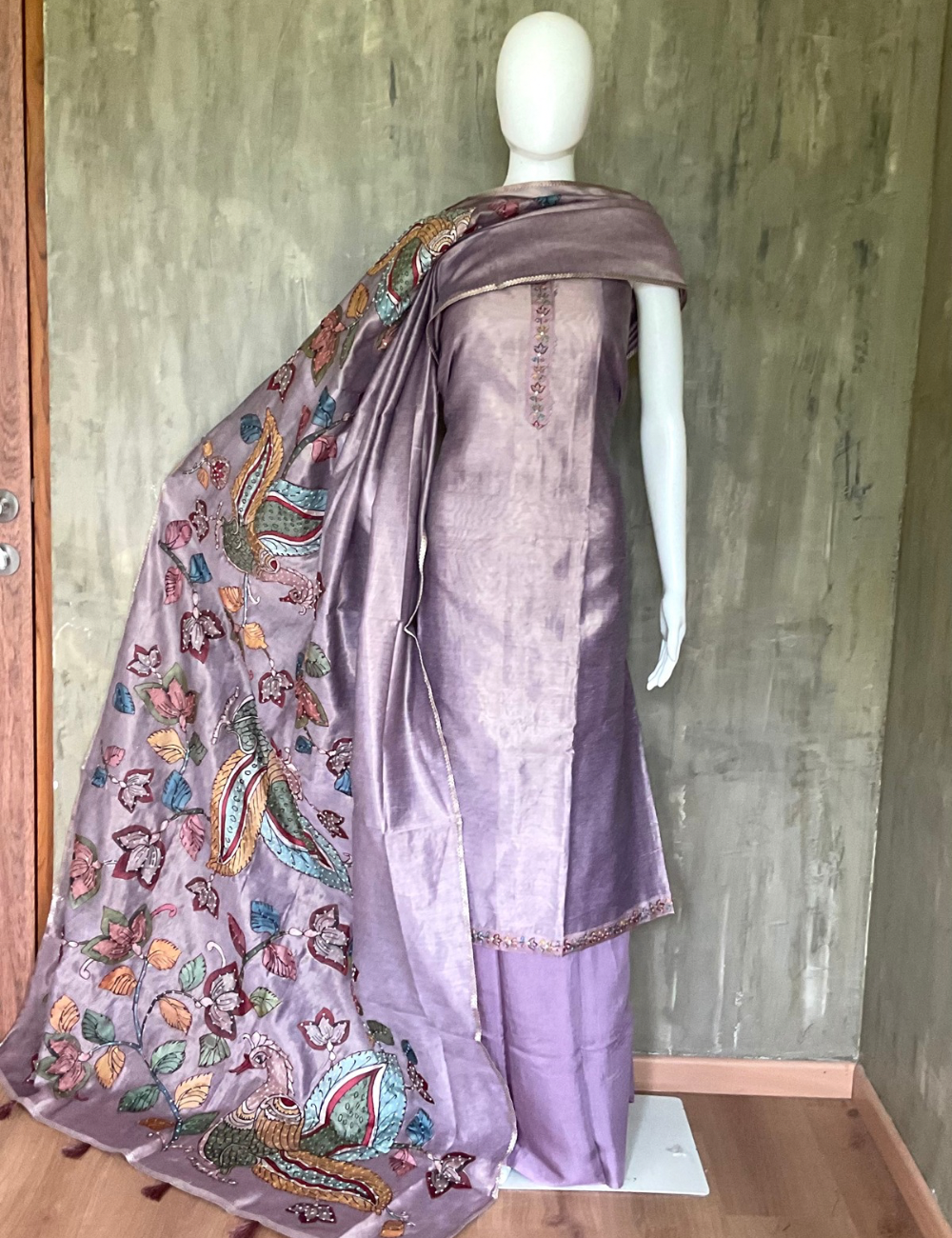 Tissue Silk Kalamkari Patchwork Designer Unstitched Salwar - Purple