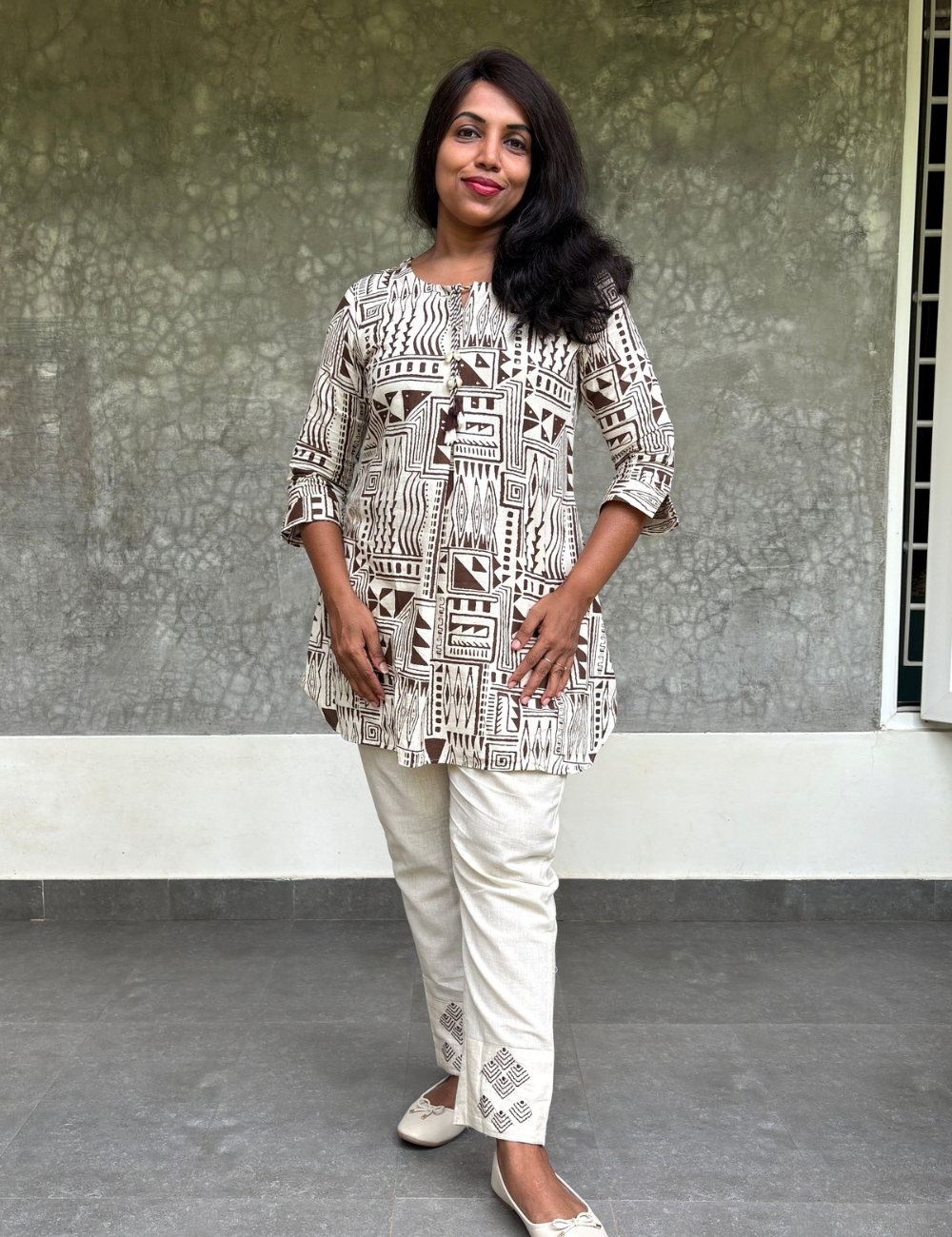 Geometric Printed Cotton Co-Ord Set - Off White