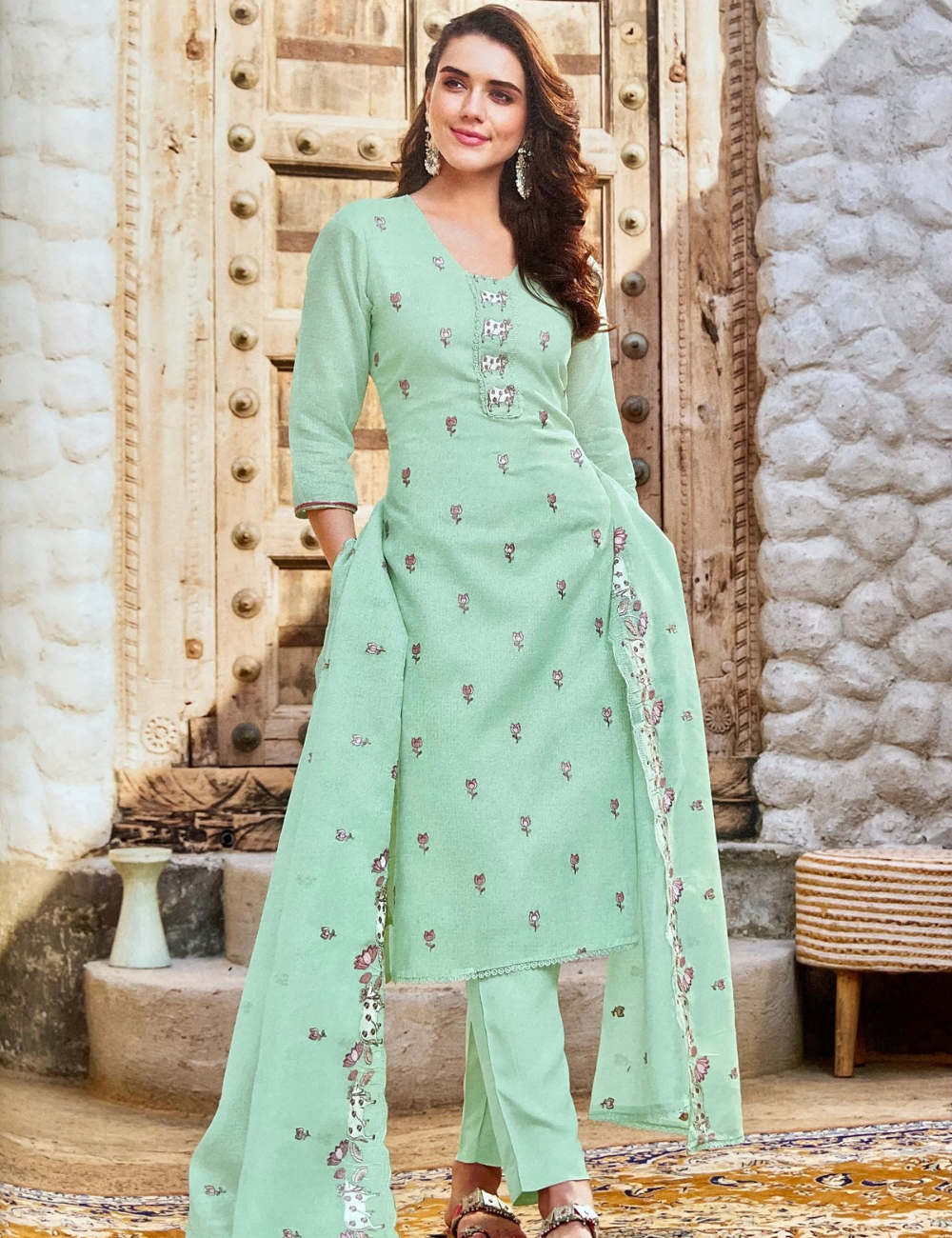 Kota Cotton Unstitched Salwar with Pitchwai Embroidery - Pastel green