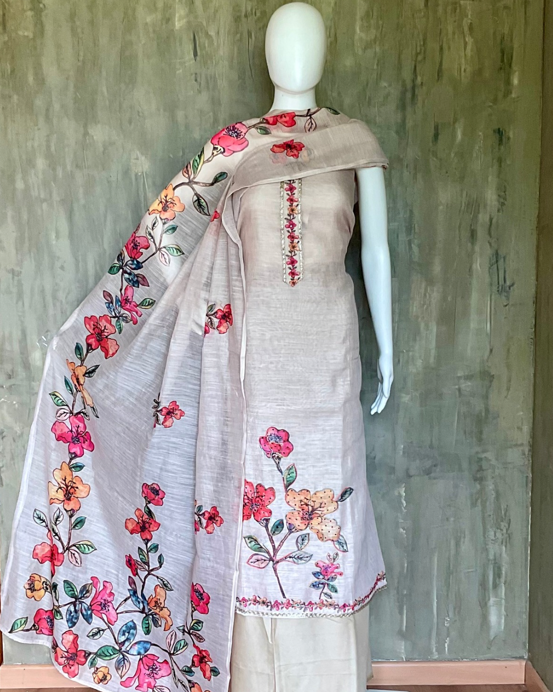 Linen Cotton Floral Painted Designer Unstitched Salwar - Beige