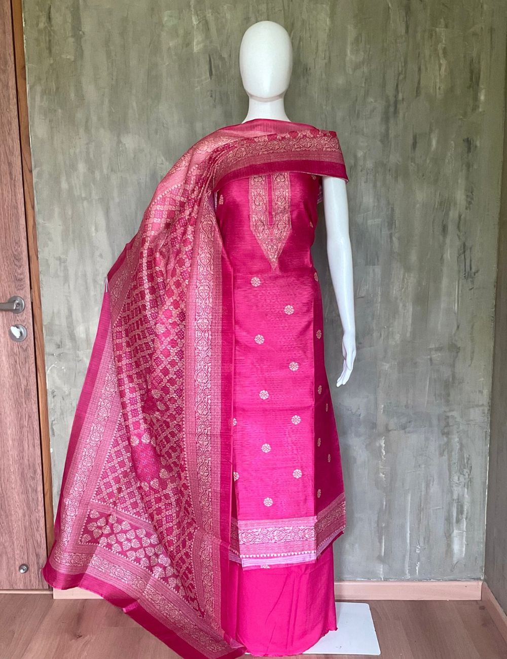Semi Tussar Ethnic Traditional Unstitched Salwar - Rani Pink