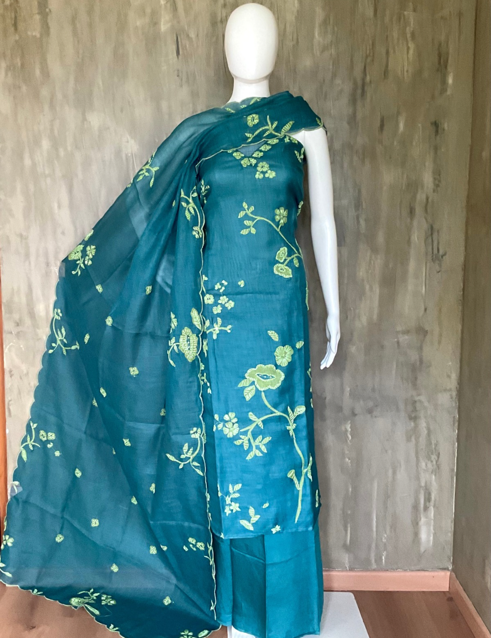 Linen Cotton French Knotted Unstitched Salwar - Rama Green
