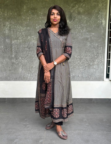 Angrakha Pattern Ethnic Cotton Designer Kurta Set - Black