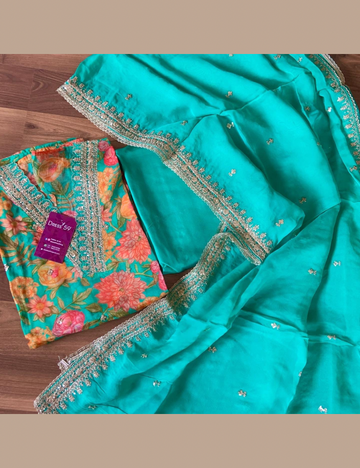 Soft Organza Floral Printed Designer Semi Stitched Salwar - Turquoise Green