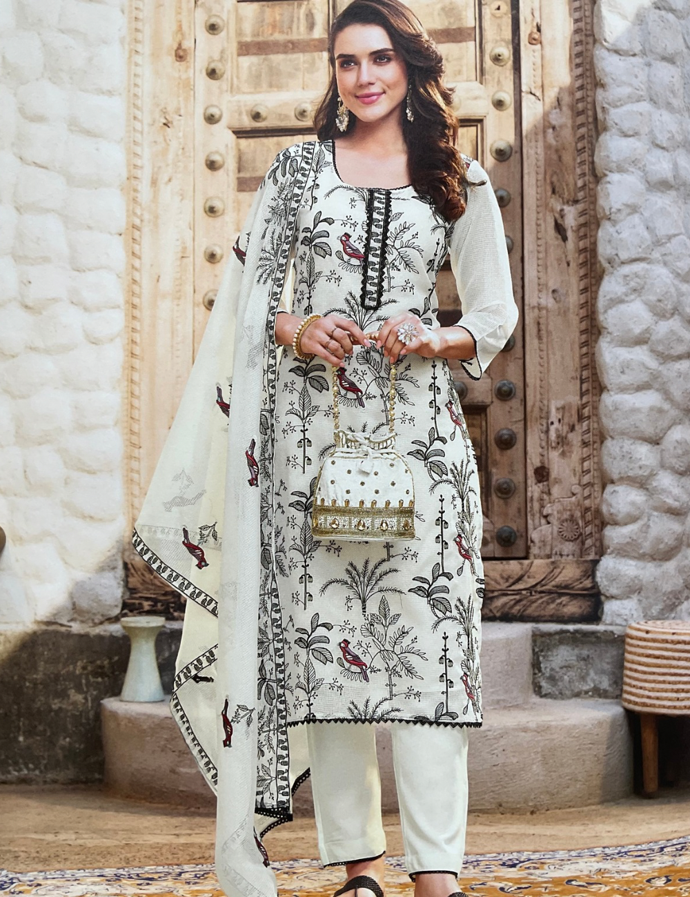 Kota Cotton Designer Unstitched Salwar with Beautiful Bird Embroidery - White