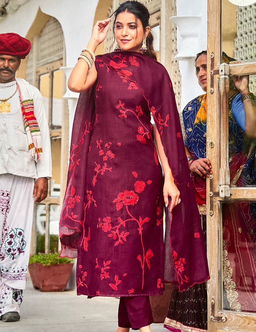 Linen Cotton Floral French Knotted Unstitched Salwar - Purple